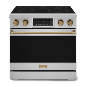 Gordon Ramsay by THOR Kitchen 36" 6.0 cu. ft. Professional Electric Range with Tilt Panel Touch Control, Self-Clean and Air Fry in Stainless Steel with Bronze Accents, RSE36-BRZ