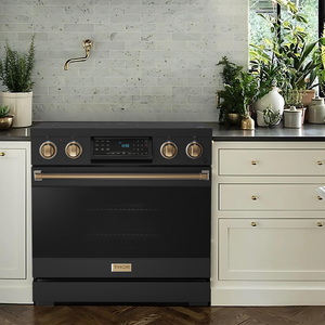 Gordon Ramsay by THOR Kitchen 36" 6.0 cu. ft. Professional Electric Range with Tilt Panel Touch Control, Self-Clean and Air Fry in Matte Black with Bronze Accents, RSE36B-BRZ