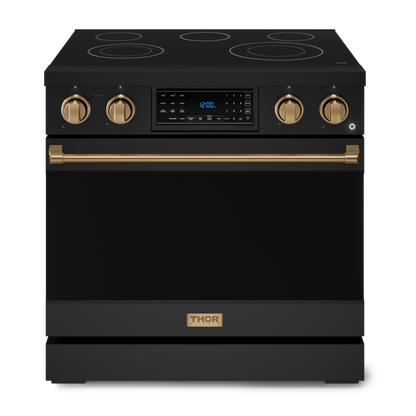 Gordon Ramsay by THOR Kitchen 36" 6.0 cu. ft. Professional Electric Range with Tilt Panel Touch Control, Self-Clean and Air Fry in Matte Black with Bronze Accents, RSE36B-BRZ