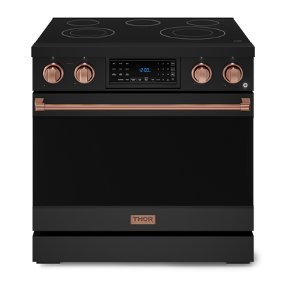 Gordon Ramsay by THOR Kitchen 36" 6.0 cu. ft. Professional Electric Range with Tilt Panel Touch Control, Self-Clean and Air Fry in Matte Black with Rose Gold Accents, RSE36B-RSG