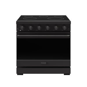 Gordon Ramsay by THOR Kitchen Package - 36" Electric Range, 36" Range Hood, 36" Refrigerator with Ice Maker in Black Matte, AP-RSE36PB-5