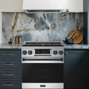 Gordon Ramsay by THOR Kitchen 30" 4.55 cu. ft. Professional Natural Gas Range with Tilt Panel Touch Control and Self-Clean in Stainless Steel with Navy Blue Accents, RSG30-BLU