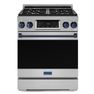 Gordon Ramsay by THOR Kitchen 30" 4.55 cu. ft. Professional Natural Gas Range with Tilt Panel Touch Control and Self-Clean in Stainless Steel with Navy Blue Accents, RSG30-BLU
