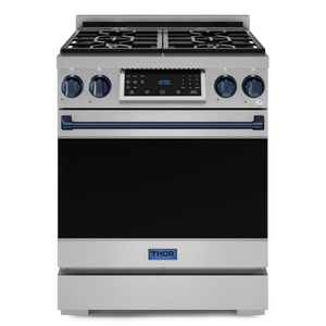 Gordon Ramsay by THOR Kitchen 30" 4.55 cu. ft. Professional Propane Gas Range with Tilt Panel Touch Control and Self-Clean in Stainless Steel with Navy Blue Accents, RSG30LP-BLU