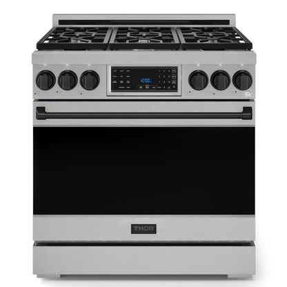 Gordon Ramsay by THOR Kitchen 36" 6.0 cu. ft. Professional Propane Gas Range with Tilt Panel Touch Control, Self-Clean and Air Fry in Stainless Steel with Black Accents, RSG36LP-BLK