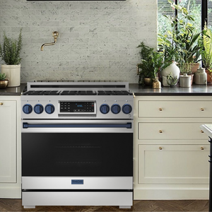 Gordon Ramsay by THOR Kitchen 36" 6.0 cu. ft. Professional Propane Gas Range with Tilt Panel Touch Control, Self-Clean and Air Fry in Stainless Steel with Navy Blue Accents, RSG36LP-BLU