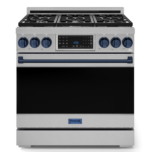 Gordon Ramsay by THOR Kitchen 36" 6.0 cu. ft. Professional Natural Gas Range with Tilt Panel Touch Control, Self-Clean and Air Fry in Stainless Steel with Navy Blue Accents, RSG36-BLU