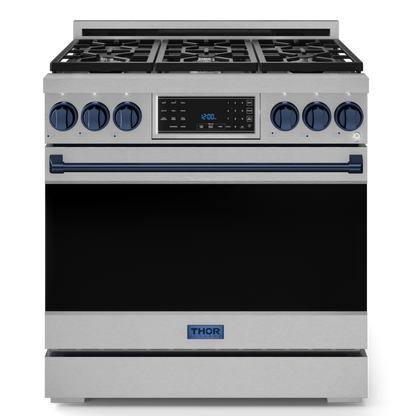 Gordon Ramsay by THOR Kitchen 36" 6.0 cu. ft. Professional Natural Gas Range with Tilt Panel Touch Control, Self-Clean and Air Fry in Stainless Steel with Navy Blue Accents, RSG36-BLU
