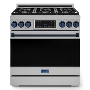 Gordon Ramsay by THOR Kitchen 36" 6.0 cu. ft. Professional Propane Gas Range with Tilt Panel Touch Control, Self-Clean and Air Fry in Stainless Steel with Navy Blue Accents, RSG36LP-BLU
