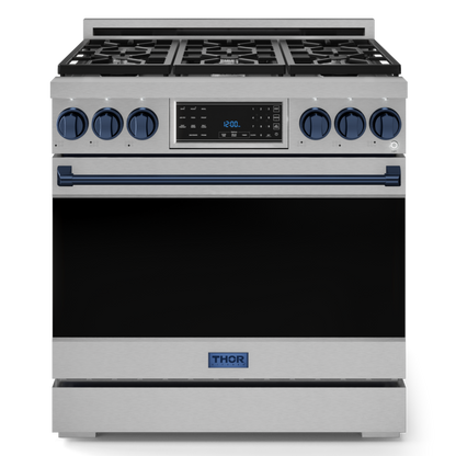 Gordon Ramsay by THOR Kitchen 36" 6.0 cu. ft. Professional Propane Gas Range with Tilt Panel Touch Control, Self-Clean and Air Fry in Stainless Steel with Navy Blue Accents, RSG36LP-BLU