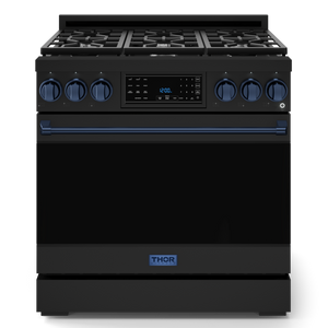 Gordon Ramsay by THOR Kitchen 36" 6.0 cu. ft. Professional Natural Gas Range with Tilt Panel Touch Control, Self-Clean and Air Fry in Matte Black with Navy Blue Accents, RSG36B-BLU