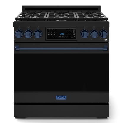 Gordon Ramsay by THOR Kitchen 36" 6.0 cu. ft. Professional Natural Gas Range with Tilt Panel Touch Control, Self-Clean and Air Fry in Matte Black with Navy Blue Accents, RSG36B-BLU