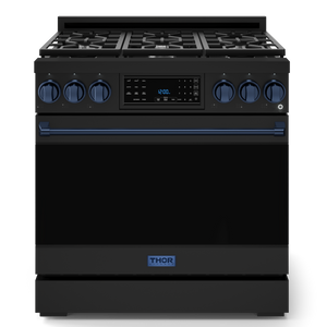Gordon Ramsay by THOR Kitchen 36" 6.0 cu. ft. Professional Propane Gas Range with Tilt Panel Touch Control, Self-Clean and Air Fry in Matte Black with Navy Blue Accents, RSG36BLP-BLU