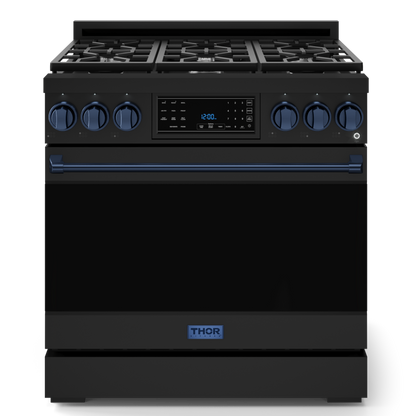 Gordon Ramsay by THOR Kitchen 36" 6.0 cu. ft. Professional Propane Gas Range with Tilt Panel Touch Control, Self-Clean and Air Fry in Matte Black with Navy Blue Accents, RSG36BLP-BLU