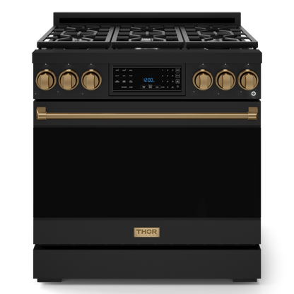 Gordon Ramsay by THOR Kitchen 36" 6.0 cu. ft. Professional Natural Gas Range with Tilt Panel Touch Control, Self-Clean and Air Fry in Matte Black with Bronze Accents, RSG36B-BRZ
