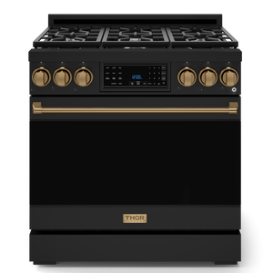Gordon Ramsay by THOR Kitchen 36" 6.0 cu. ft. Professional Propane Gas Range with Tilt Panel Touch Control, Self-Clean and Air Fry in Matte Black with Bronze Accents, RSG36BLP-BRZ