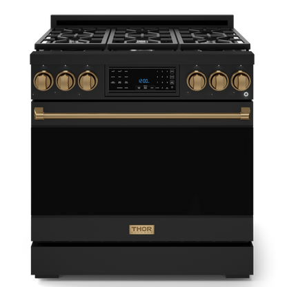 Gordon Ramsay by THOR Kitchen 36" 6.0 cu. ft. Professional Propane Gas Range with Tilt Panel Touch Control, Self-Clean and Air Fry in Matte Black with Bronze Accents, RSG36BLP-BRZ