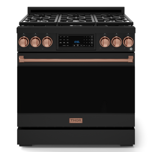 Gordon Ramsay by THOR Kitchen 36" 6.0 cu. ft. Professional Propane Gas Range with Tilt Panel Touch Control, Self-Clean and Air Fry in Matte Black with Rose Gold Accents, RSG36BLP-RSG