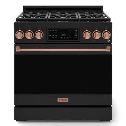 Gordon Ramsay by THOR Kitchen 36" 6.0 cu. ft. Professional Propane Gas Range with Tilt Panel Touch Control, Self-Clean and Air Fry in Matte Black with Rose Gold Accents, RSG36BLP-RSG