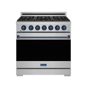 Gordon Ramsay by THOR Kitchen 36" 6 cu. ft. Professional Natural Gas Range with 6 Sealed Burners in Stainless Steel and Blue Accents, RSG36P-BLU