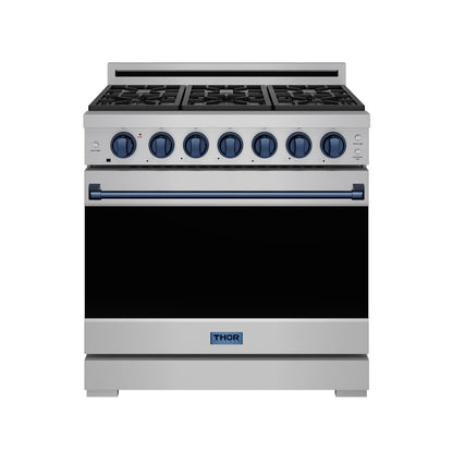 Gordon Ramsay by THOR Kitchen 36" 6 cu. ft. Professional Propane Gas Range with 6 Sealed Burners in Stainless Steel and Blue Accents, RSG36PLP-BLU
