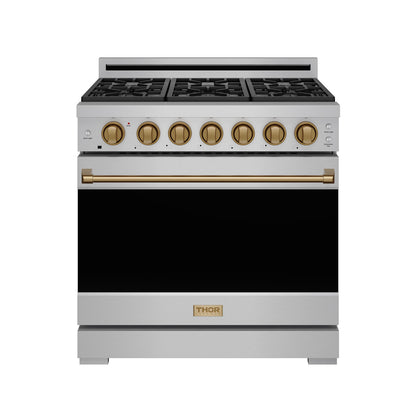 Gordon Ramsay by THOR Kitchen 36" 6 cu. ft. Professional Natural Gas Range with 6 Sealed Burners in Stainless Steel with Bronze Accents, RSG36P-BRZ
