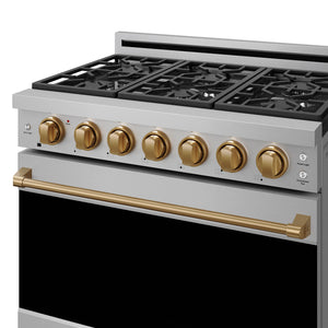 Gordon Ramsay by THOR Kitchen 36" 6 cu. ft. Professional Propane Gas Range with 6 Sealed Burners in Stainless Steel with Bronze Accents, RSG36PLP-BRZ