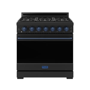 Gordon Ramsay by THOR Kitchen 36" 6 cu. ft. Professional Natural Gas Range with 6 Sealed Burners in Black with Blue Accents, RSG36PB-BLU