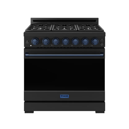 Gordon Ramsay by THOR Kitchen 36" 6 cu. ft. Professional Propane Gas Range with 6 Sealed Burners in Black with Blue Accents, RSG36PBLP-BLU