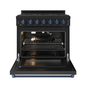 Gordon Ramsay by THOR Kitchen 36" 6 cu. ft. Professional Natural Gas Range with 6 Sealed Burners in Black with Blue Accents, RSG36PB-BLU
