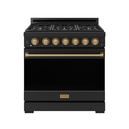 Gordon Ramsay by THOR Kitchen 36" 6 cu. ft. Professional Propane Gas Range with 6 Sealed Burners in Black with Bronze Accents, RSG36PBLP-BRZ