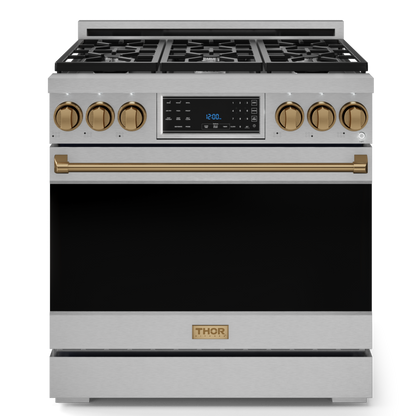 Gordon Ramsay by THOR Kitchen 36" 6.0 cu. ft. Professional Natural Gas Range with Tilt Panel Touch Control, Self-Clean and Air Fry in Stainless Steel with Bronze Accents, RSG36-BRZ
