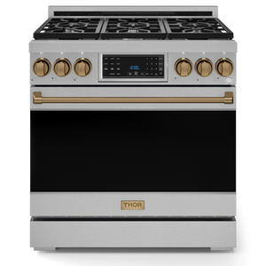 Gordon Ramsay by THOR Kitchen 36" 6.0 cu. ft. Professional Propane Gas Range with Tilt Panel Touch Control, Self-Clean and Air Fry in Stainless Steel with Bronze Accents, RSG36LP-BRZ