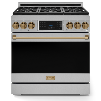 Gordon Ramsay by THOR Kitchen 36" 6.0 cu. ft. Professional Propane Gas Range with Tilt Panel Touch Control, Self-Clean and Air Fry in Stainless Steel with Bronze Accents, RSG36LP-BRZ