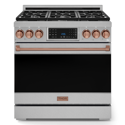 Gordon Ramsay by THOR Kitchen 36" 6.0 cu. ft. Professional Natural Gas Range with Tilt Panel Touch Control, Self-Clean and Air Fry in Stainless Steel with Rose Gold Accents, RSG36-RSG