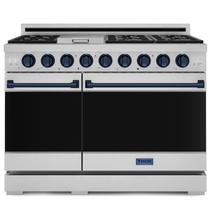 Gordon Ramsay by THOR Kitchen 48" 6.8 cu. ft. Professional Propane Gas Range in Stainless Steel with Navy Blue Accents, RSG48ELP-BLU