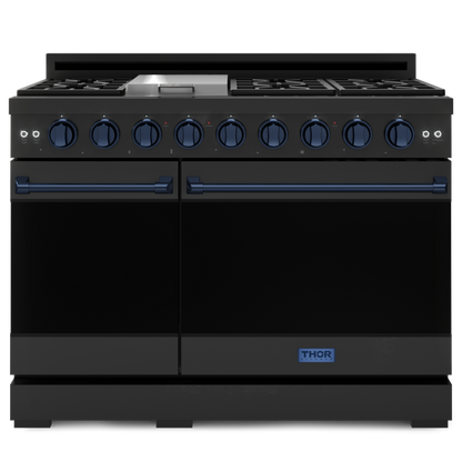 Gordon Ramsay by THOR Kitchen 48" 6.8 cu. ft. Professional Propane Gas Range in Matte Black with Navy Blue Accents, RSG48EBLP-BLU
