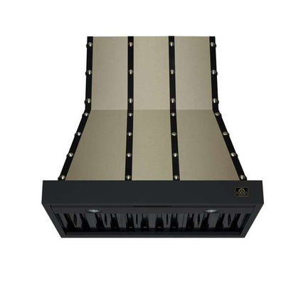 FORNO Ambassador Valente 36" 427 CFM Wall Mount Range Hood with 3 Speeds, LED Light in Fingerprint Resistant Black, Antique Brass and Copper Rivet Trim, FRHWM5099-36CPBLK