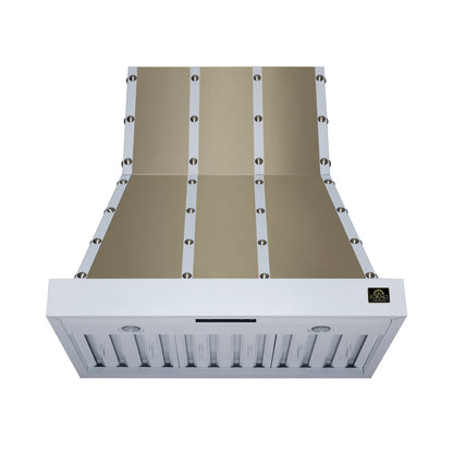 FORNO Ambassador Valente 36" 427 CFM Wall Mount Range Hood with 3 Speeds, LED Light in Fingerprint Resistant White, Antique Brass and Copper Rivet Trim, FRHWM5099-36CPWHT