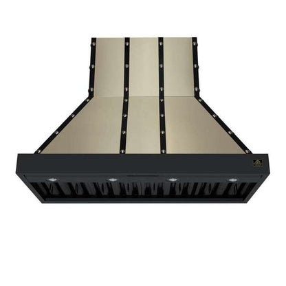 FORNO Ambassador Valente 48" 304 CFM Wall Mount Range Hood with 3 Speeds, LED Light in Fingerprint Resistant Black, Antique Brass and Copper Rivet Trim, FRHWM5099-48CPBLK