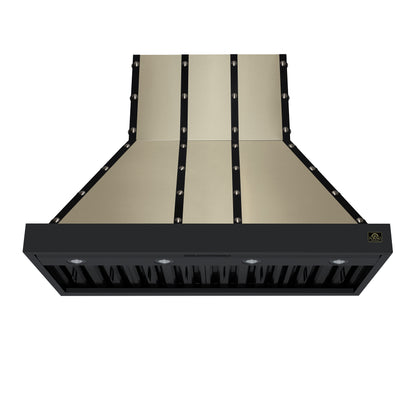 FORNO Ambassador Valente 48" 304 CFM Wall Mount Range Hood with 3 Speeds, LED Light in Fingerprint Resistant Black, Antique Brass and Copper Rivet Trim, FRHWM5099-48CPBLK