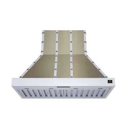 FORNO Ambassador Valente 48" 304 CFM Wall Mount Range Hood with 3 Speeds, LED Light in Fingerprint Resistant White, Antique Brass and Copper Rivet Trim, FRHWM5099-48CPWHT