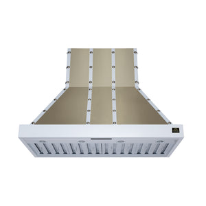 FORNO Ambassador Valente 48" 304 CFM Wall Mount Range Hood with 3 Speeds, LED Light in Fingerprint Resistant White, Antique Brass and Copper Rivet Trim, FRHWM5099-48CPWHT