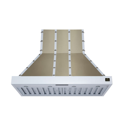 FORNO Ambassador Valente 48" 304 CFM Wall Mount Range Hood with 3 Speeds, LED Light in Fingerprint Resistant White, Antique Brass and Copper Rivet Trim, FRHWM5099-48CPWHT