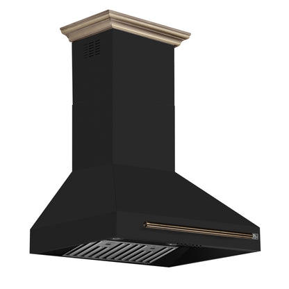 FORNO Aria 30" 600 CFM Convertible Wall Mount Range Hood with Black Hood and Antique Brass Accents, FRHWM5095-30BLK