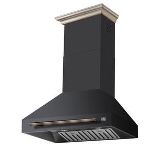 FORNO Aria 30" 600 CFM Convertible Wall Mount Range Hood with Black Hood and Antique Brass Accents, FRHWM5095-30BLK