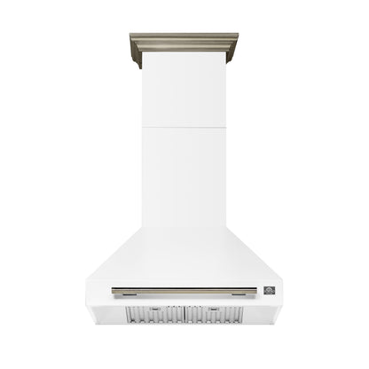 FORNO Aria 30" 600 CFM Wall Mount Range Hood with White Hood and Antique Brass Accents, FRHWM5095-30WHT