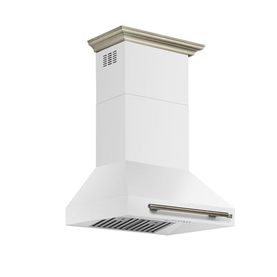 FORNO Aria 30" 600 CFM Convertible Wall Mount Range Hood with White Hood and Antique Brass Accents, FRHWM5095-30WHT