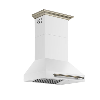 FORNO Aria 30" 600 CFM Convertible Wall Mount Range Hood with White Hood and Antique Brass Accents, FRHWM5095-30WHT