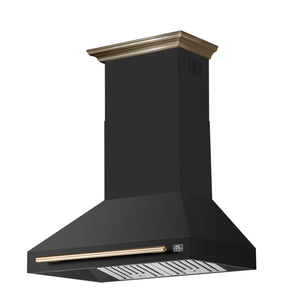 FORNO Aria 36" 1200 CFM Convertible Wall Mount Range Hood with Black Hood and Antique Brass Accents, FRHWM5095-36BLK
